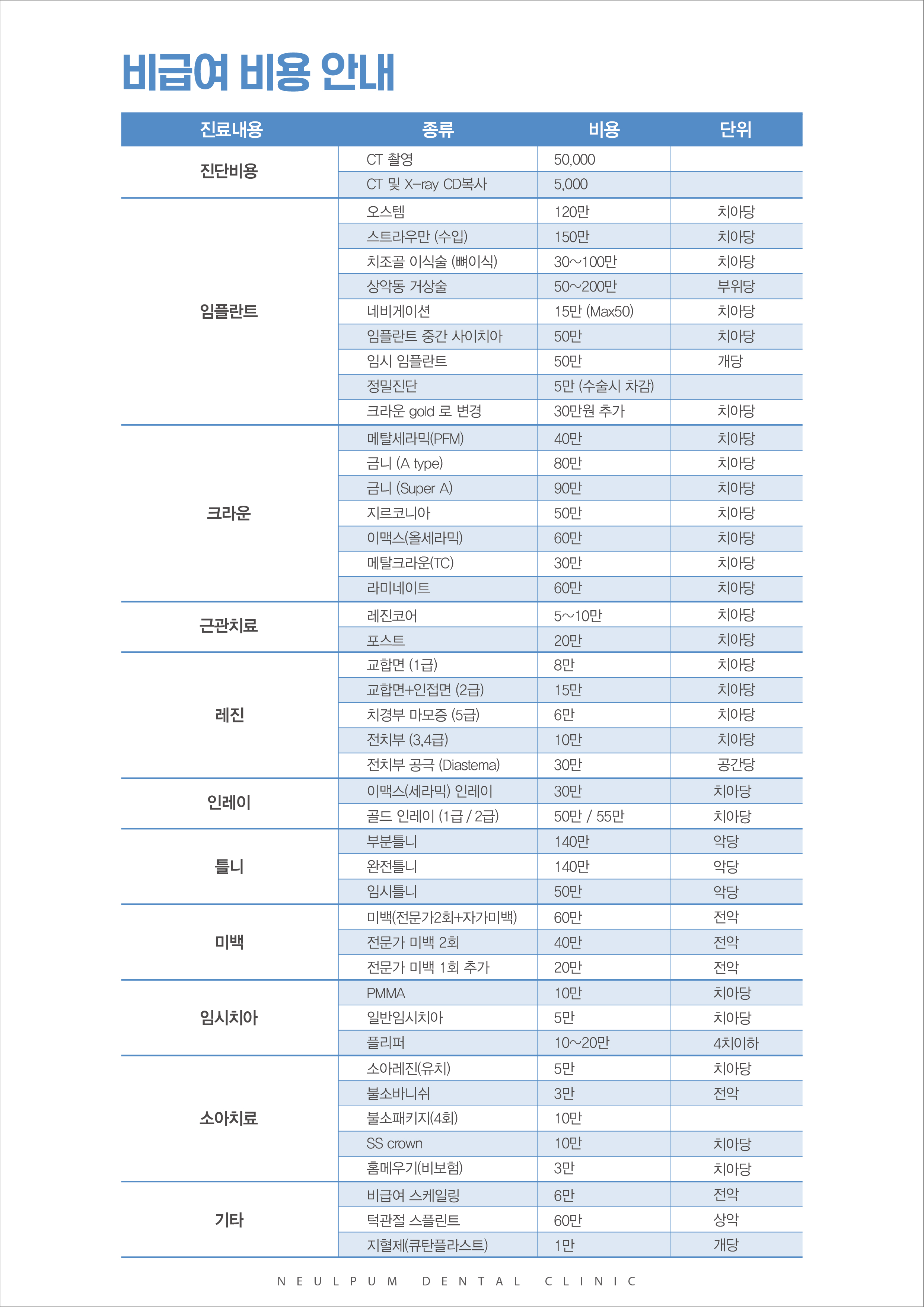 늘품치과 비급여항목 비용안내표